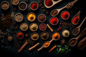 spices and herbs in wooden spoons on a black background. AI-Generated photo