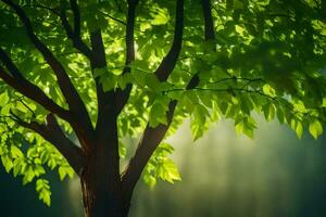 a tree with green leaves and sunlight shining through. AI-Generated photo