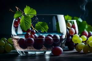 grapes in a glass with water and smoke. AI-Generated photo