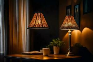 two lamps on a table in front of a window. AI-Generated photo