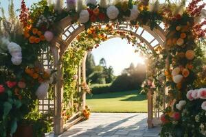 an archway with flowers and greenery. AI-Generated photo