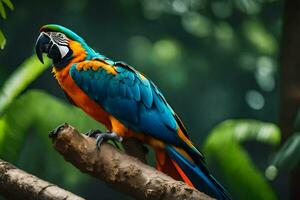 a colorful parrot sits on a branch. AI-Generated photo