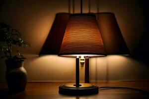 a lamp is on a table next to a plant. AI-Generated photo