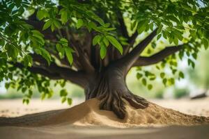 a tree with roots growing out of the sand. AI-Generated photo