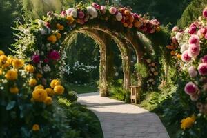 a walkway is surrounded by flowers and archway. AI-Generated photo