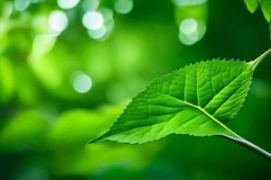 un verde hoja es mostrado en frente de un brillante verde antecedentes. generado por ai foto