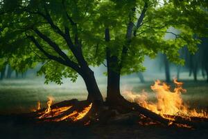 a tree with flames coming out of it in the middle of a forest. AI-Generated photo