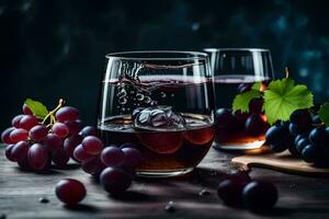 two glasses of wine with grapes on a wooden table. AI-Generated photo
