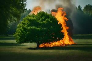 a burning tree in the middle of a field. AI-Generated photo