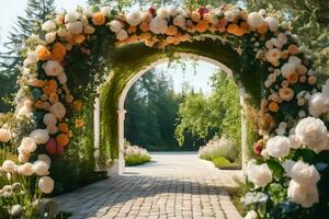 a wedding arch made of flowers is in the middle of a garden. AI-Generated photo