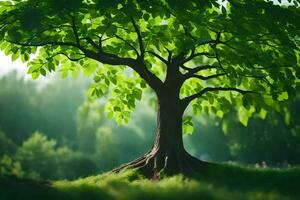 un árbol con verde hojas y luz de sol brillante mediante él. generado por ai foto