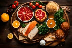 a plate of food with bread, oranges, and other ingredients. AI-Generated photo