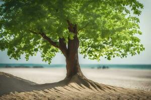 a tree on the beach with sand dunes in the background. AI-Generated photo