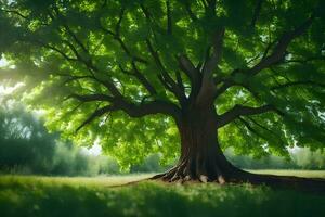 un grande árbol es en pie en el medio de un campo. generado por ai foto