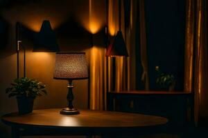 a table lamp is lit up in a dark room. AI-Generated photo