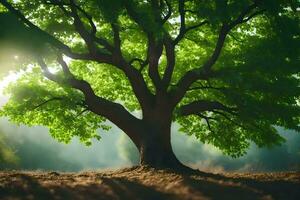 un grande árbol en el medio de un campo. generado por ai foto