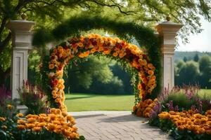 an archway with orange flowers and green grass. AI-Generated photo