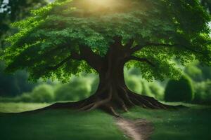 un árbol con raíces creciente fuera de eso en el medio de un campo. generado por ai foto