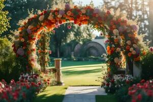 a beautiful archway with flowers and grass. AI-Generated photo