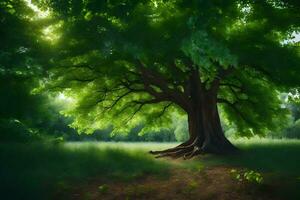 un grande árbol en el medio de un verde campo. generado por ai foto