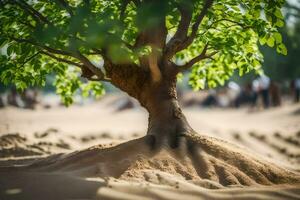 a tree growing out of the sand in the desert. AI-Generated photo