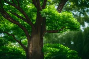 un árbol con verde hojas en el medio de un bosque. generado por ai foto