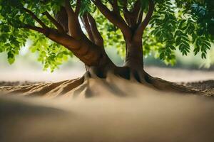 a tree with roots in the sand. AI-Generated photo