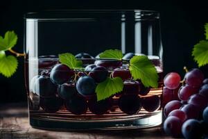 grapes in a glass with ice and leaves. AI-Generated photo