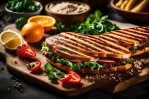 A la parrilla emparedado con vegetales y Fruta en un corte tablero. generado por ai foto