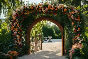 a wedding arch decorated with flowers. AI-Generated photo