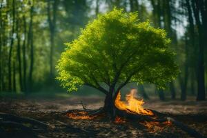 a tree with fire in the middle of the forest. AI-Generated photo