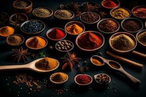 various spices and herbs in bowls on a black background. AI-Generated photo