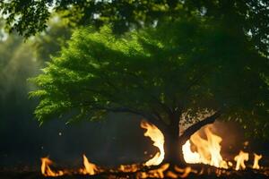 a tree is burning in the forest. AI-Generated photo