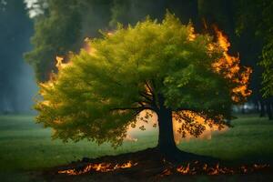 a tree with flames coming out of it. AI-Generated photo