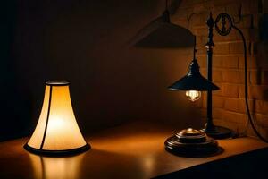 un antiguo lámpara y un lámpara en un mesa. generado por ai foto