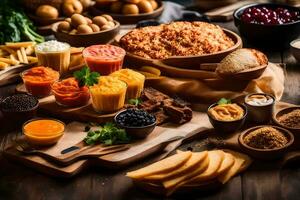 a table with various foods including bread, potatoes, and other foods. AI-Generated photo