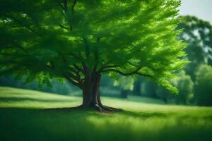 a tree in a field with green grass. AI-Generated photo