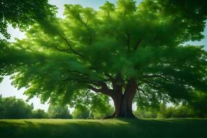 a large tree in the middle of a green field. AI-Generated photo