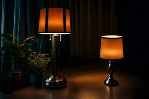 two lamps are sitting on a table in front of a plant. AI-Generated photo
