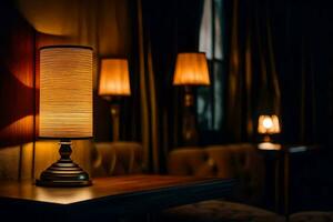 a table lamp is lit up in a dark room. AI-Generated photo