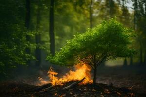 a small tree is burning in the middle of a forest. AI-Generated photo