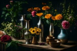 still life with flowers and vases. AI-Generated photo