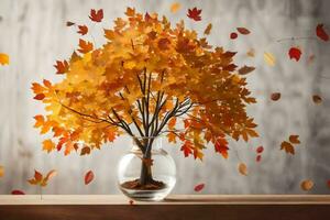 a vase with a tree in it and leaves falling. AI-Generated photo