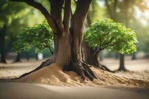 a tree with roots growing out of the sand. AI-Generated photo