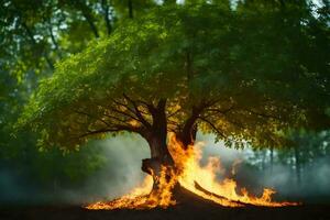 a tree with flames coming out of it in the middle of a forest. AI-Generated photo