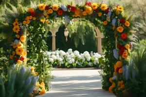 a wedding arch decorated with flowers and greenery. AI-Generated photo