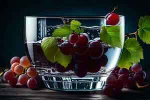 grapes in a glass of water on a dark table. AI-Generated photo