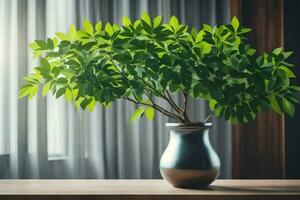 a potted plant in a silver vase on a table. AI-Generated photo