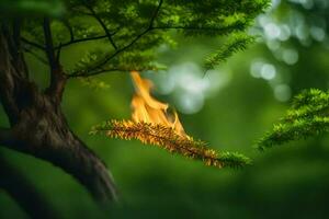 a small fire is burning on a tree branch. AI-Generated photo