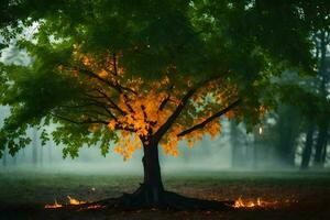 a tree with orange leaves in the middle of a foggy forest. AI-Generated photo